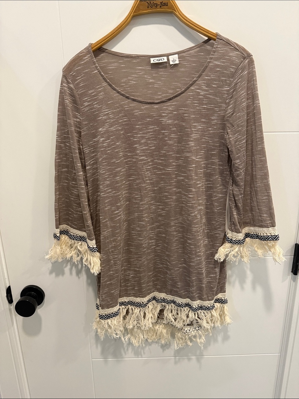Cato Taupe Fringe-Trim Scoop Neck Tunic size small